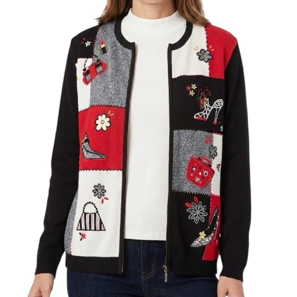ALFRED DUNNER Patchwork Cardigan Size XL Embellished Novelty Sweater Zips Y2K